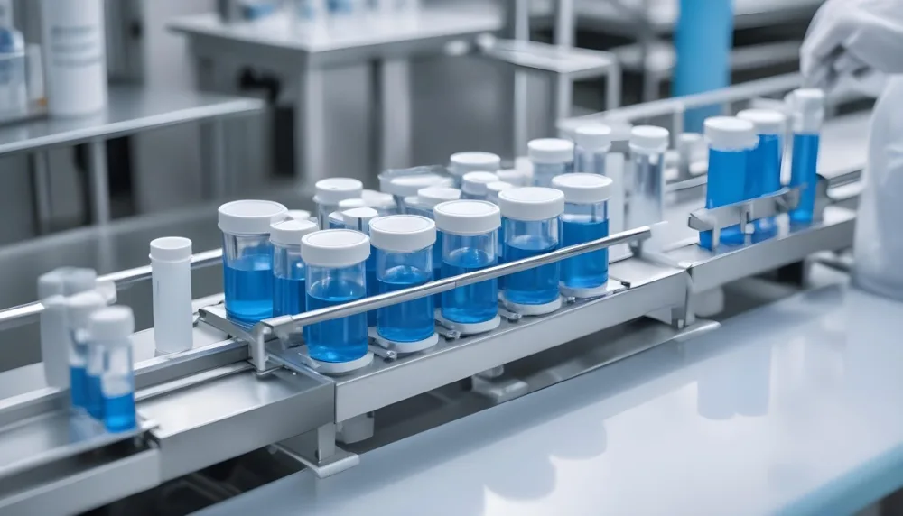 Vaccine Vials On A Conveyor Belt Being Filled With A Blue Liquid The Background Is A Sterile Laboratory Environment 5 1c19