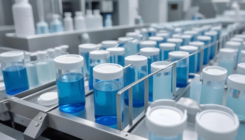 Vaccine Vials On A Conveyor Belt Being Filled With A Blue Liquid The Background Is A Sterile Laboratory Environment 6 8de3