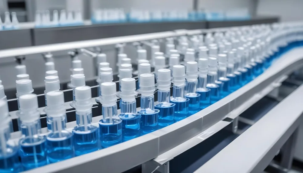 Vaccine Vials On A Conveyor Belt Being Filled With A Blue Liquid The Background Is A Sterile Laboratory Environment 7 A246