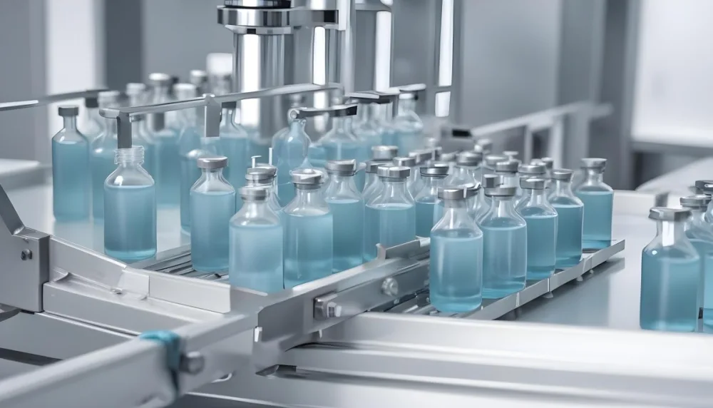 Vaccine Vials On A Conveyor Belt Being Filled With A Blue Liquid The Background Is A Sterile Laboratory Environment 8 88ab
