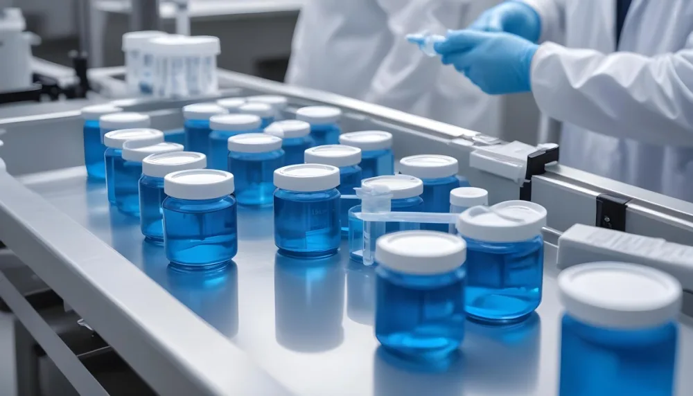 Vaccine Vials On A Conveyor Belt Being Filled With A Blue Liquid The Background Is A Sterile Laboratory Environment 9 0406