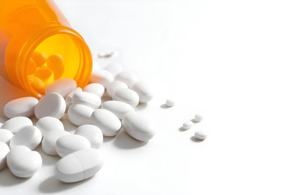 White Pills Spilling Out Of An Orange Pill Bottle On A White Surface Studio Shot 2 8058