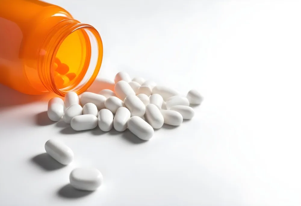 White Pills Spilling Out Of An Orange Pill Bottle On A White Surface Studio Shot 7 C309
