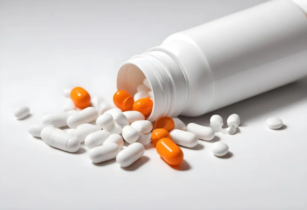 White Pills Spilling Out Of An Orange Pill Bottle On A White Surface Studio Shot 8 195a