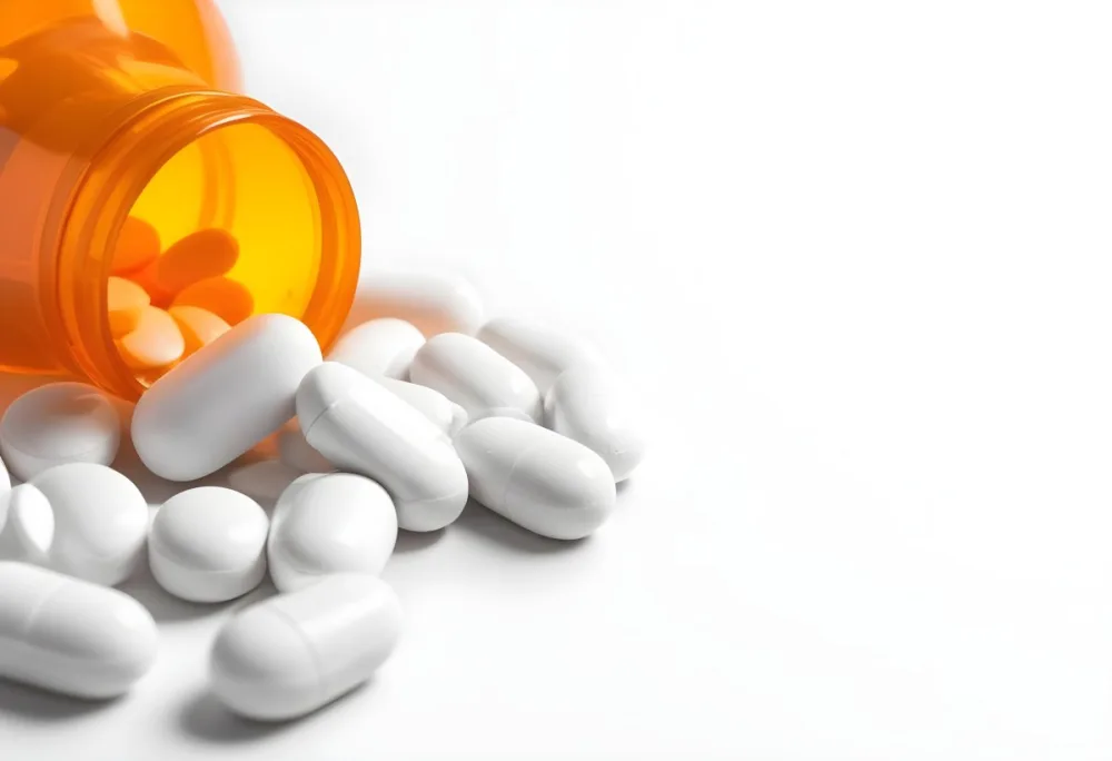 White Pills Spilling Out Of An Orange Pill Bottle On A White Surface Studio Shot 9 901c