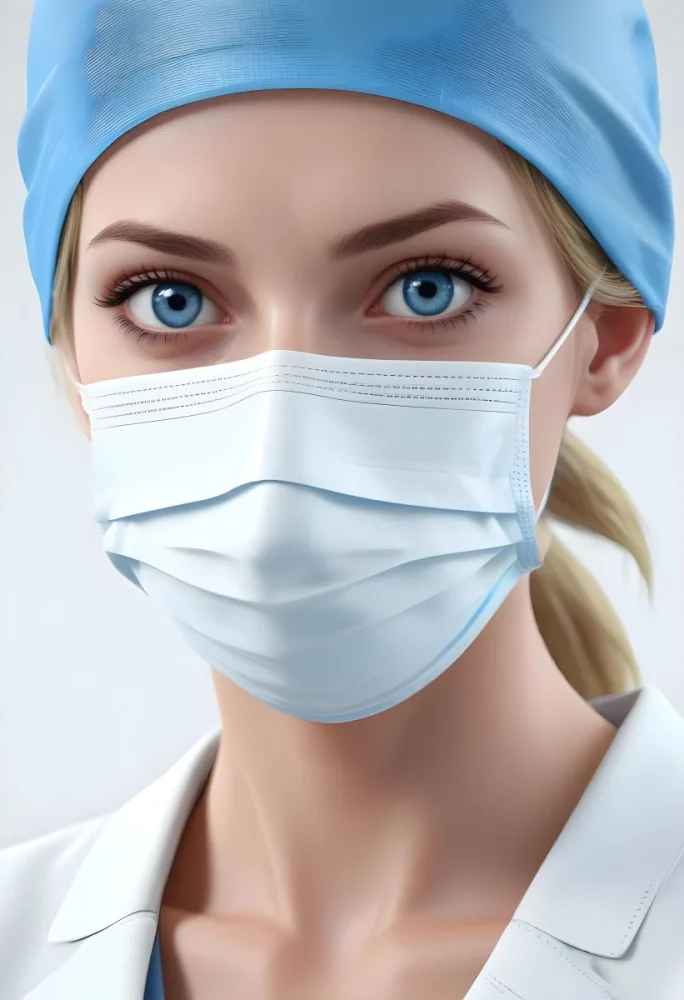 White Woman Age 30 With Blue Eyes Wearing A Surgical Mask And Cap In A Sterile Environment 1 0a5f