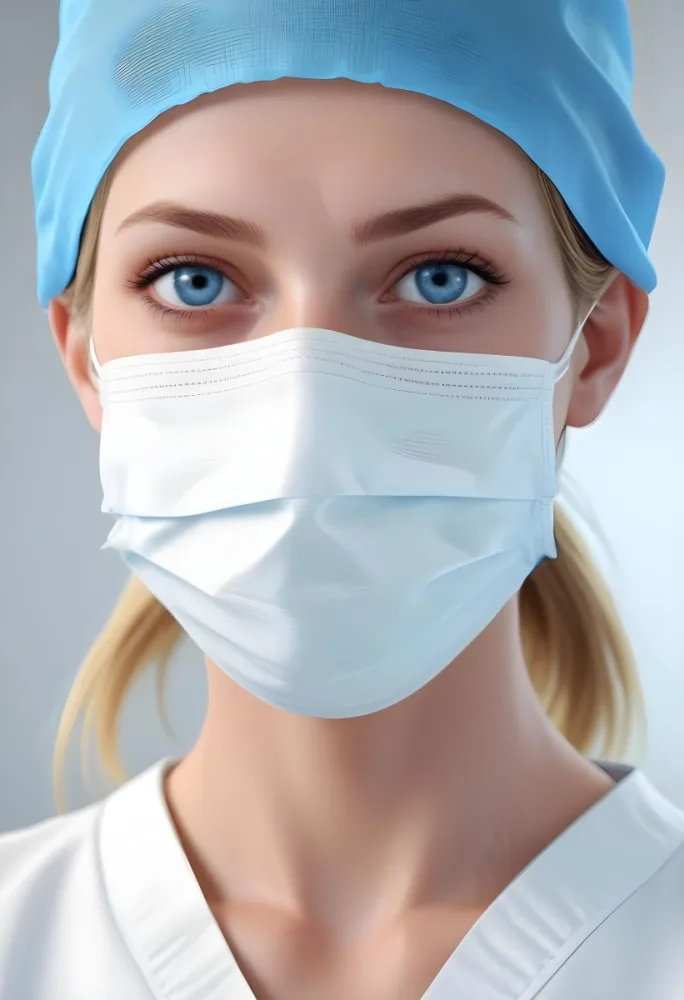 White Woman Age 30 With Blue Eyes Wearing A Surgical Mask And Cap In A Sterile Environment 2 E6f1