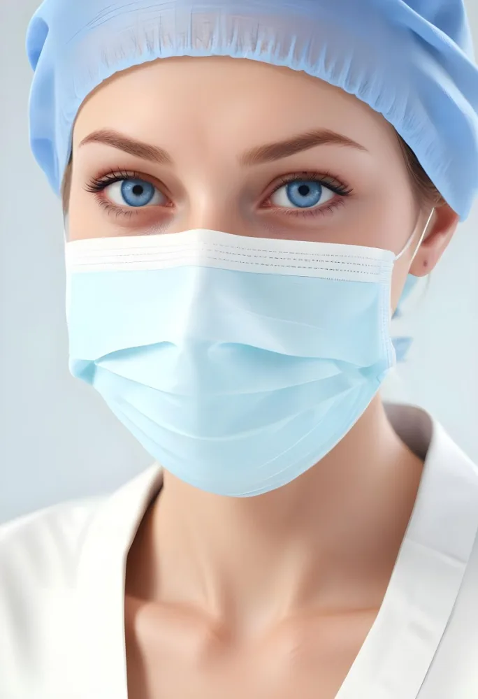 White Woman Age 30 With Blue Eyes Wearing A Surgical Mask And Cap In A Sterile Environment 3 A35d
