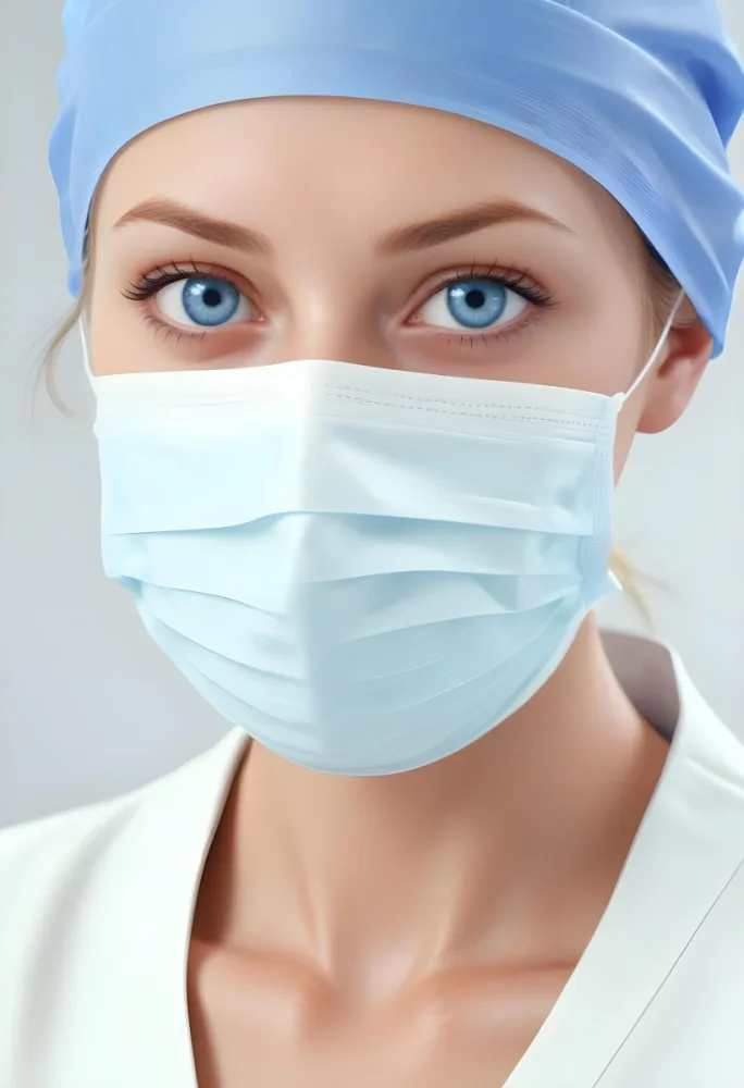 White Woman Age 30 With Blue Eyes Wearing A Surgical Mask And Cap In A Sterile Environment 4 F4d7