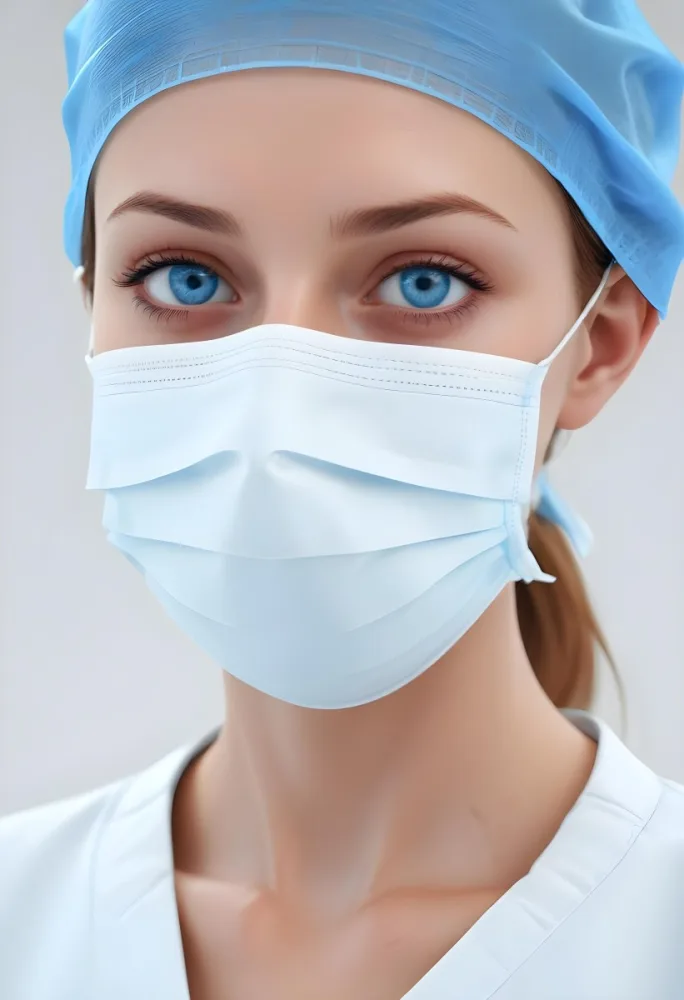 White Woman Age 30 With Blue Eyes Wearing A Surgical Mask And Cap In A Sterile Environment 5 E60b