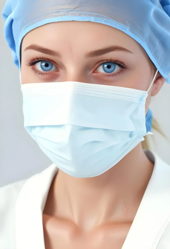 White Woman Age 30 With Blue Eyes Wearing A Surgical Mask And Cap In A Sterile Environment 6 28a2