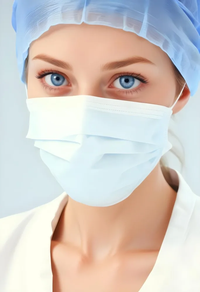 White Woman Age 30 With Blue Eyes Wearing A Surgical Mask And Cap In A Sterile Environment 7 F3da