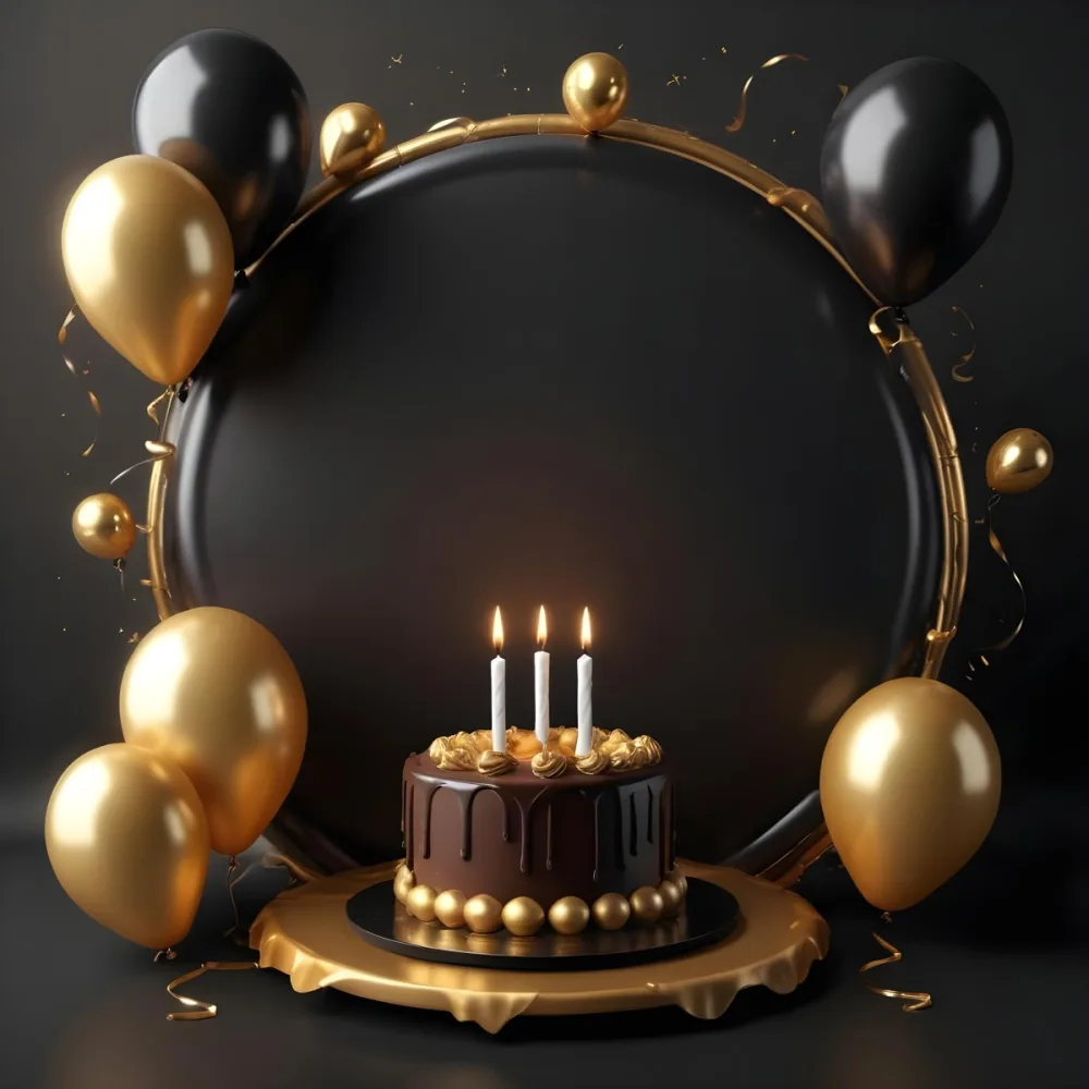 3d Model A Chocolate Cake With Three Candles Surrounded By Black And Gold Balloons And A Golden Ring On A Black Background Figure Octane Render Volumetric Highly Detailed Videogame Aesthetic 2 231b