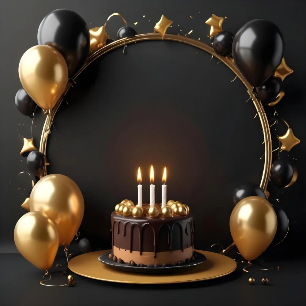 3d Model A Chocolate Cake With Three Candles Surrounded By Black And Gold Balloons And A Golden Ring On A Black Background Figure Octane Render Volumetric Highly Detailed Videogame Aesthetic 24 13c2