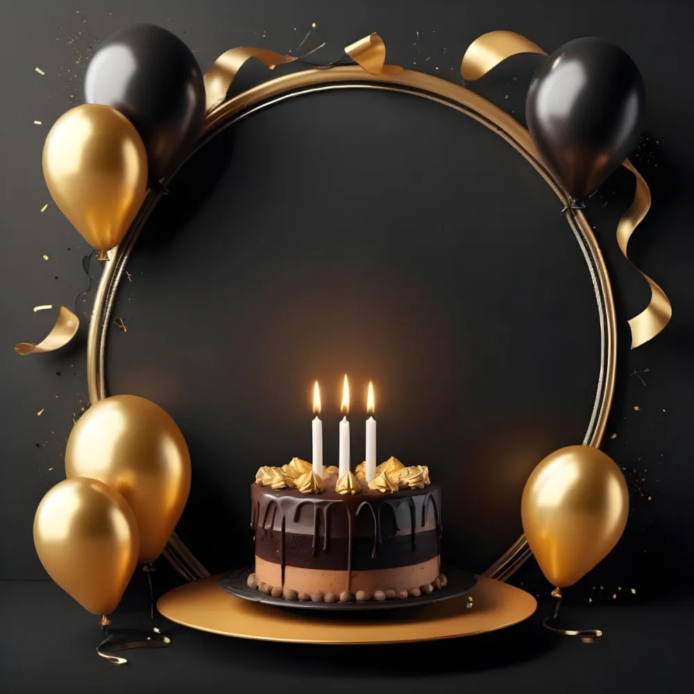 3d Model A Chocolate Cake With Three Candles Surrounded By Black And Gold Balloons And A Golden Ring On A Black Background Figure Octane Render Volumetric Highly Detailed Videogame Aesthetic 25 5977