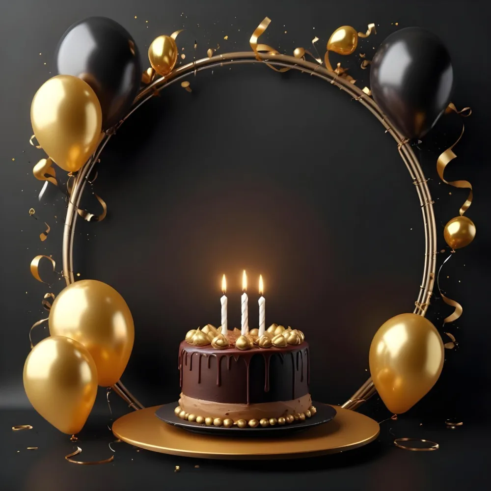 3d Model A Chocolate Cake With Three Candles Surrounded By Black And Gold Balloons And A Golden Ring On A Black Background Figure Octane Render Volumetric Highly Detailed Videogame Aesthetic 26 D6dc