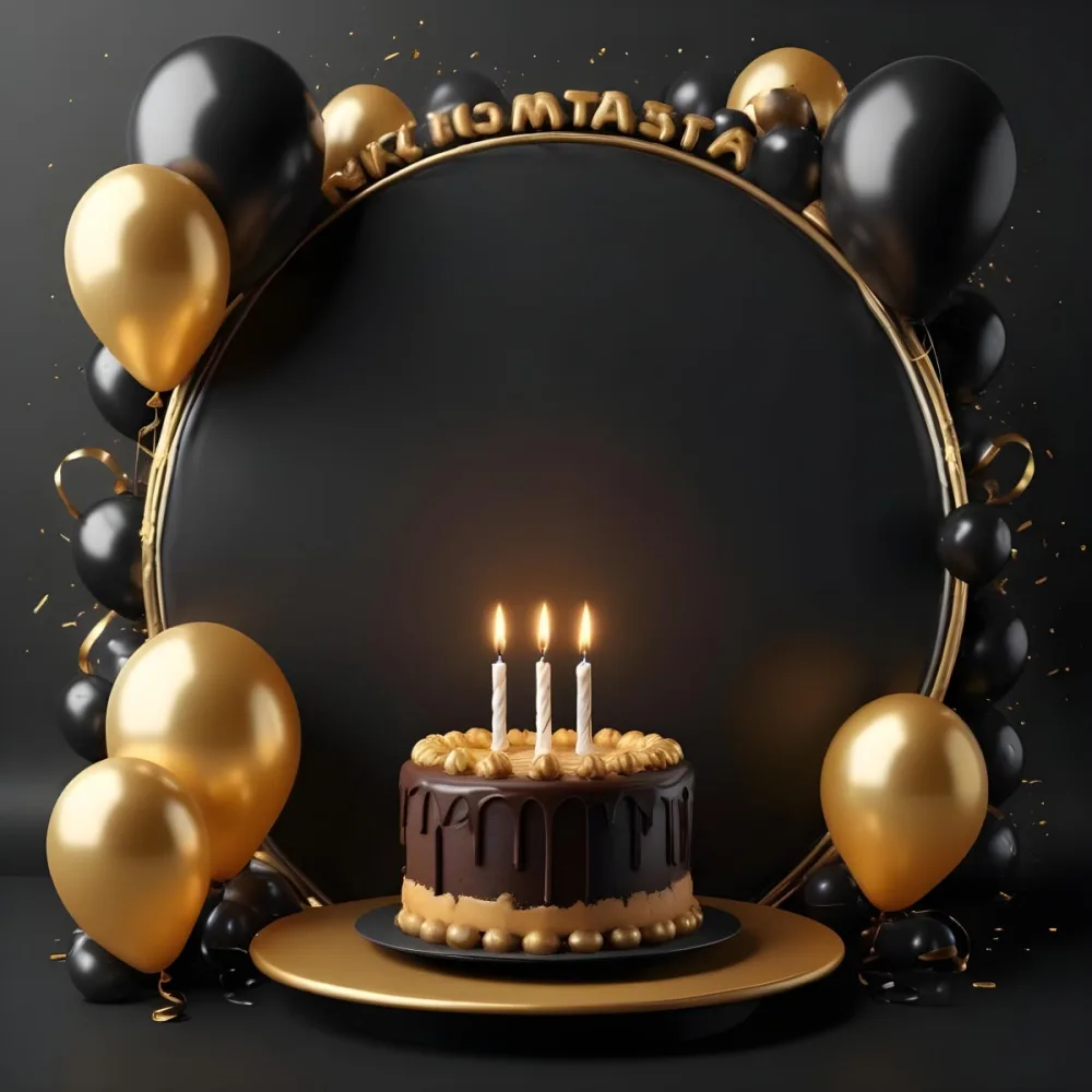 3d Model A Chocolate Cake With Three Candles Surrounded By Black And Gold Balloons And A Golden Ring On A Black Background Figure Octane Render Volumetric Highly Detailed Videogame Aesthetic 27 E7f5
