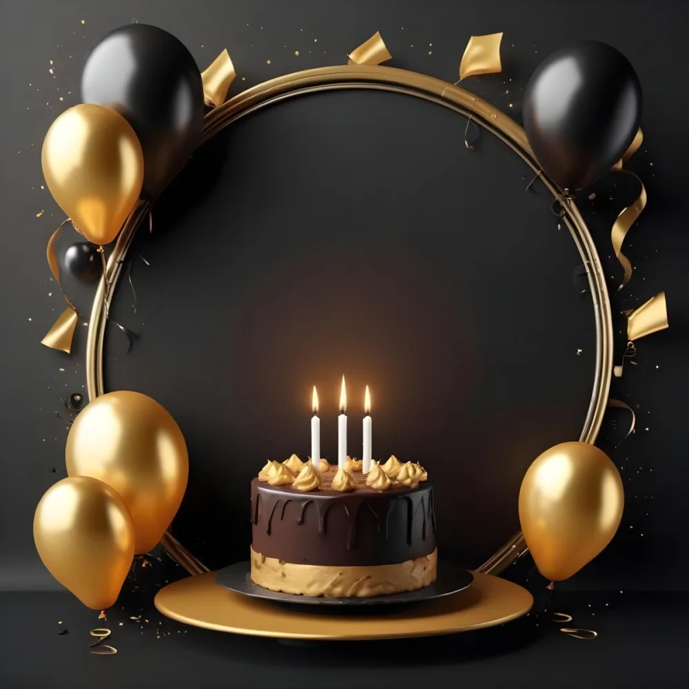 3d Model A Chocolate Cake With Three Candles Surrounded By Black And Gold Balloons And A Golden Ring On A Black Background Figure Octane Render Volumetric Highly Detailed Videogame Aesthetic 28 5384