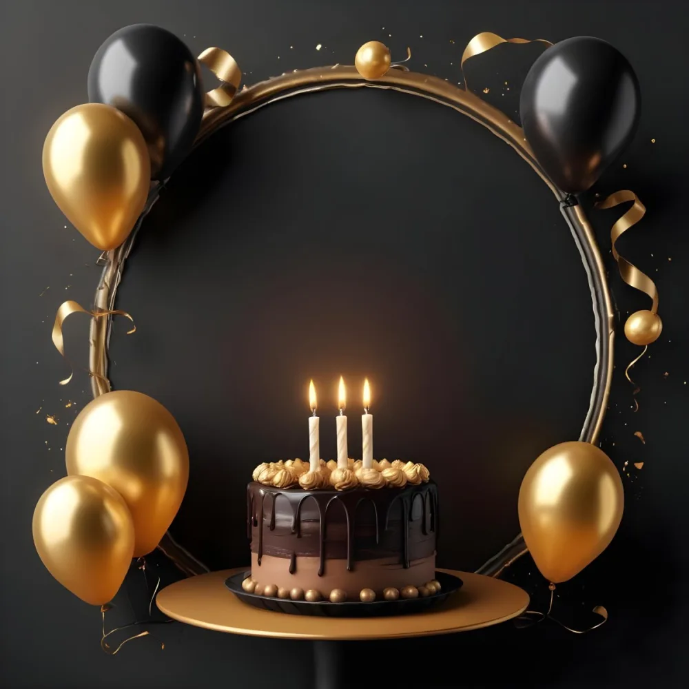 3d Model A Chocolate Cake With Three Candles Surrounded By Black And Gold Balloons And A Golden Ring On A Black Background Figure Octane Render Volumetric Highly Detailed Videogame Aesthetic 29 Fa67