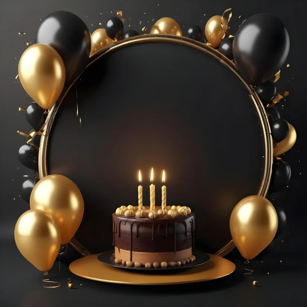 3d Model A Chocolate Cake With Three Candles Surrounded By Black And Gold Balloons And A Golden Ring On A Black Background Figure Octane Render Volumetric Highly Detailed Videogame Aesthetic 3 Bf70
