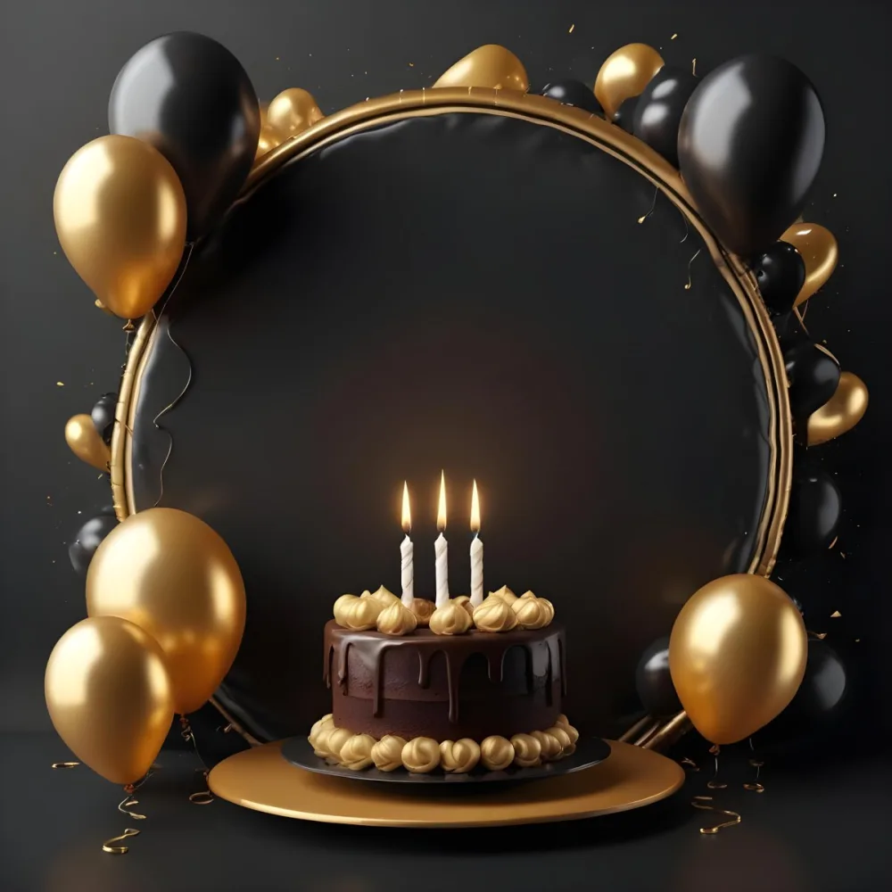 3d Model A Chocolate Cake With Three Candles Surrounded By Black And Gold Balloons And A Golden Ring On A Black Background Figure Octane Render Volumetric Highly Detailed Videogame Aesthetic 30 F3c3