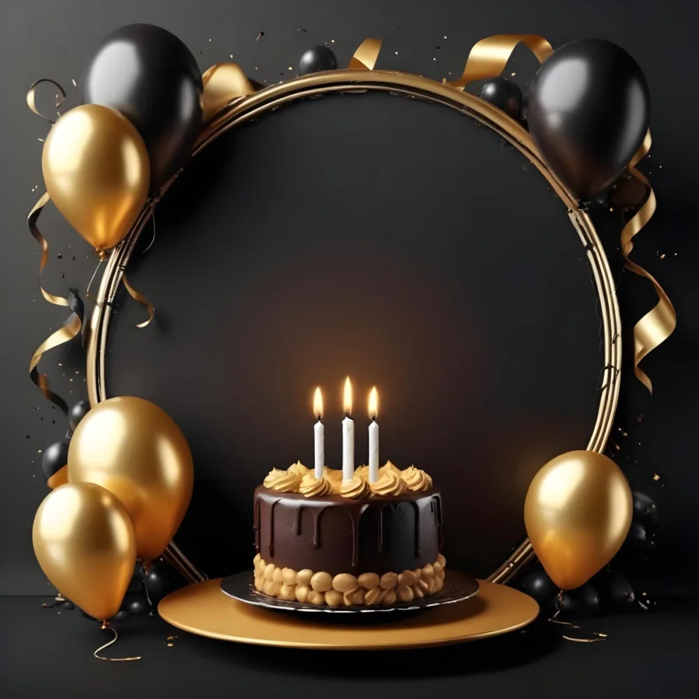 3d Model A Chocolate Cake With Three Candles Surrounded By Black And Gold Balloons And A Golden Ring On A Black Background Figure Octane Render Volumetric Highly Detailed Videogame Aesthetic 31 B421