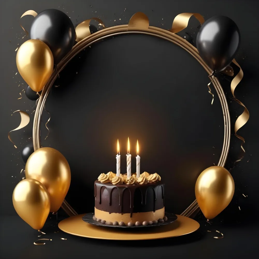 3d Model A Chocolate Cake With Three Candles Surrounded By Black And Gold Balloons And A Golden Ring On A Black Background Figure Octane Render Volumetric Highly Detailed Videogame Aesthetic 4 123a