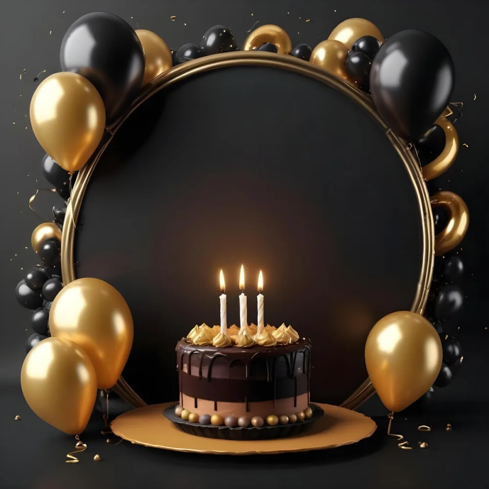 3d Model A Chocolate Cake With Three Candles Surrounded By Black And Gold Balloons And A Golden Ring On A Black Background Figure Octane Render Volumetric Highly Detailed Videogame Aesthetic 5 0163