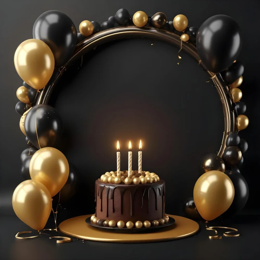 3d Model A Chocolate Cake With Three Candles Surrounded By Black And Gold Balloons And A Golden Ring On A Black Background Figure Octane Render Volumetric Highly Detailed Videogame Aesthetic 6 89bb