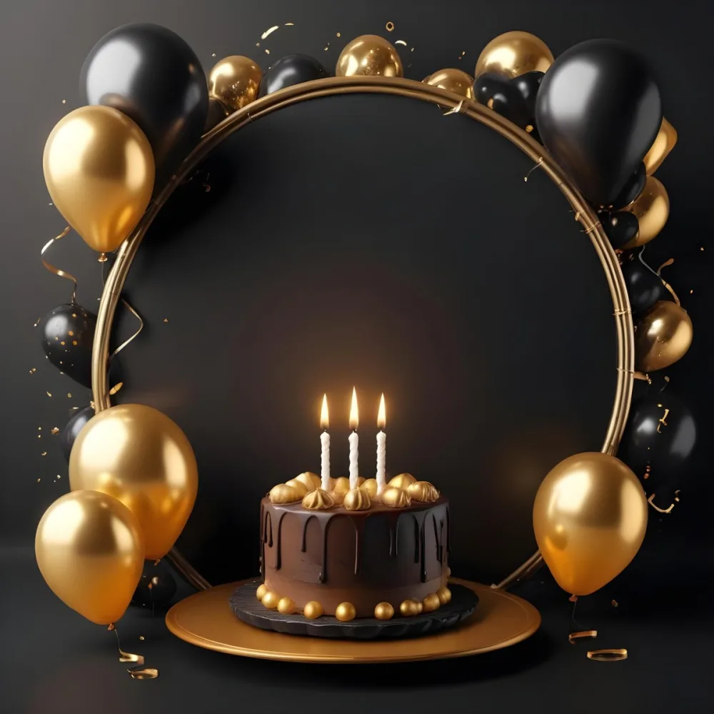 3d Model A Chocolate Cake With Three Candles Surrounded By Black And Gold Balloons And A Golden Ring On A Black Background Figure Octane Render Volumetric Highly Detailed Videogame Aesthetic 7 C3e4