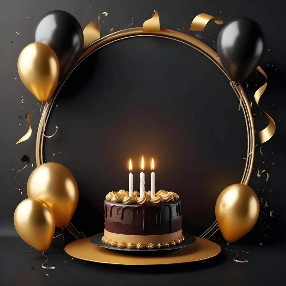 3d Model A Chocolate Cake With Three Candles Surrounded By Black And Gold Balloons And A Golden Ring On A Black Background Figure Octane Render Volumetric Highly Detailed Videogame Aesthetic 8 E7c7