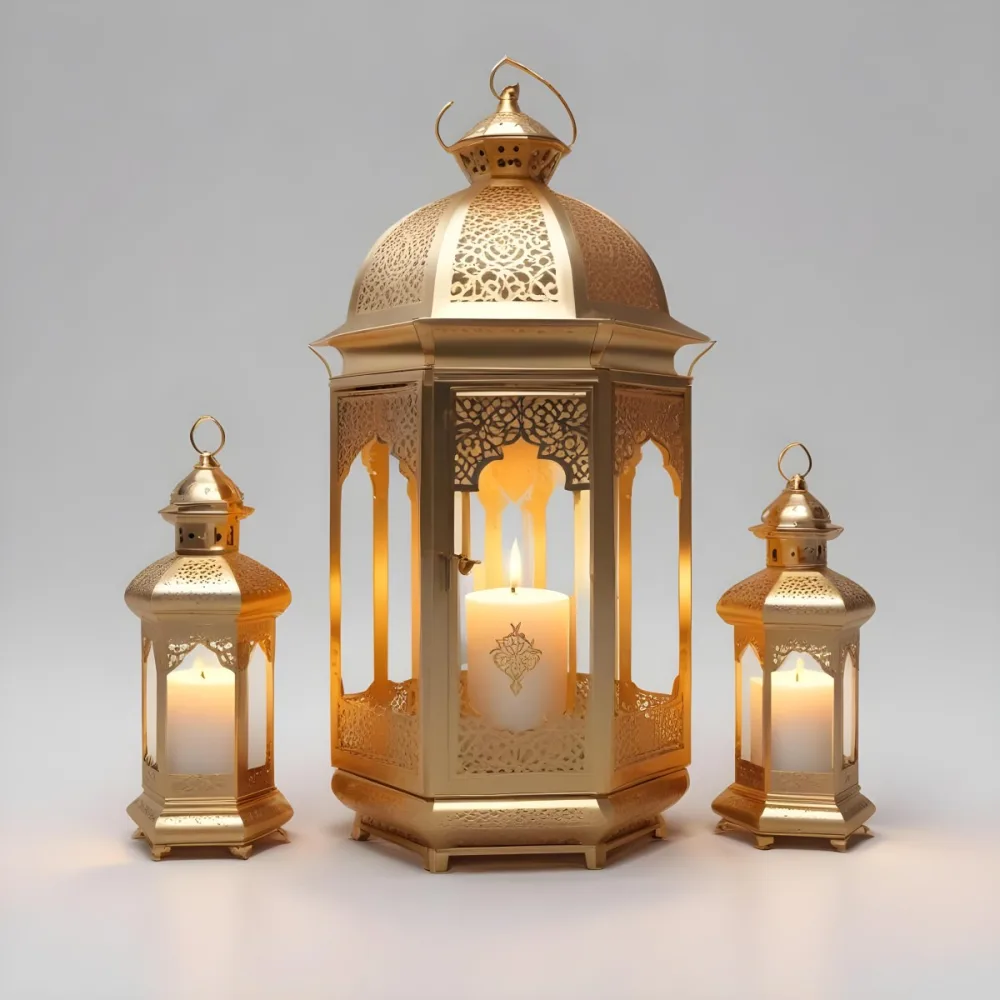 3d Model A Golden Arabic Lantern With Candle Inside A Smaller Lantern And Three Candles On A White Surface Plain White Background Figure Octane Render Volumetric Highly Detailed Videogame Aesthetic 10 5e14