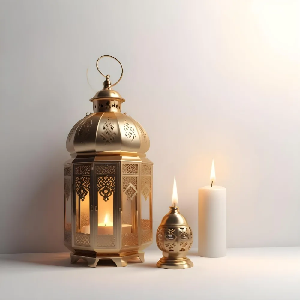 3d Model A Golden Arabic Lantern With Candle Inside A Smaller Lantern And Three Candles On A White Surface Plain White Background Figure Octane Render Volumetric Highly Detailed Videogame Aesthetic 11 6f9e