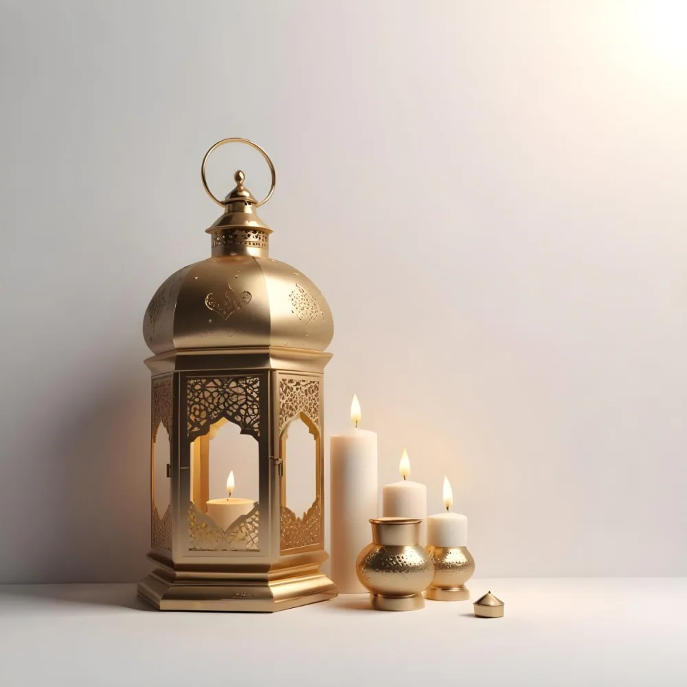 3d Model A Golden Arabic Lantern With Candle Inside A Smaller Lantern And Three Candles On A White Surface Plain White Background Figure Octane Render Volumetric Highly Detailed Videogame Aesthetic 15 1917