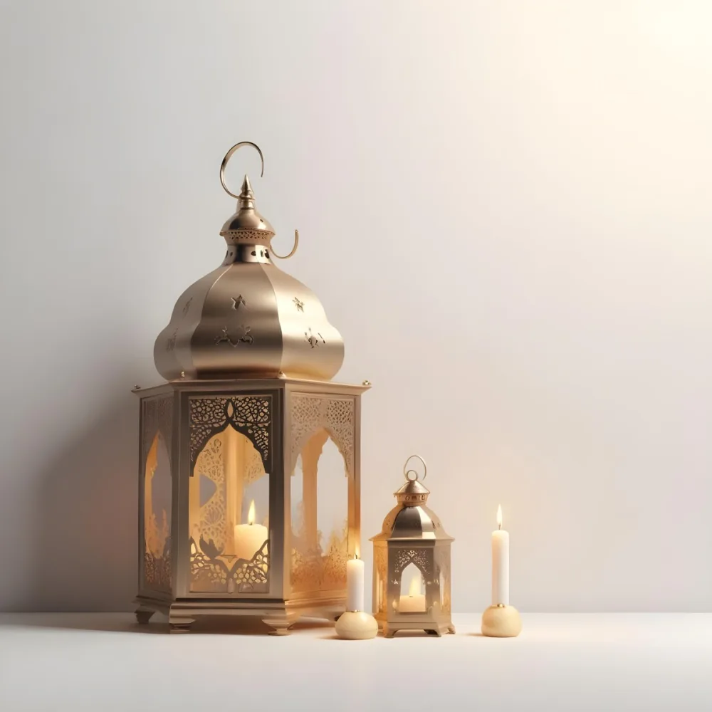 3d Model A Golden Arabic Lantern With Candle Inside A Smaller Lantern And Three Candles On A White Surface Plain White Background Figure Octane Render Volumetric Highly Detailed Videogame Aesthetic 19 4356