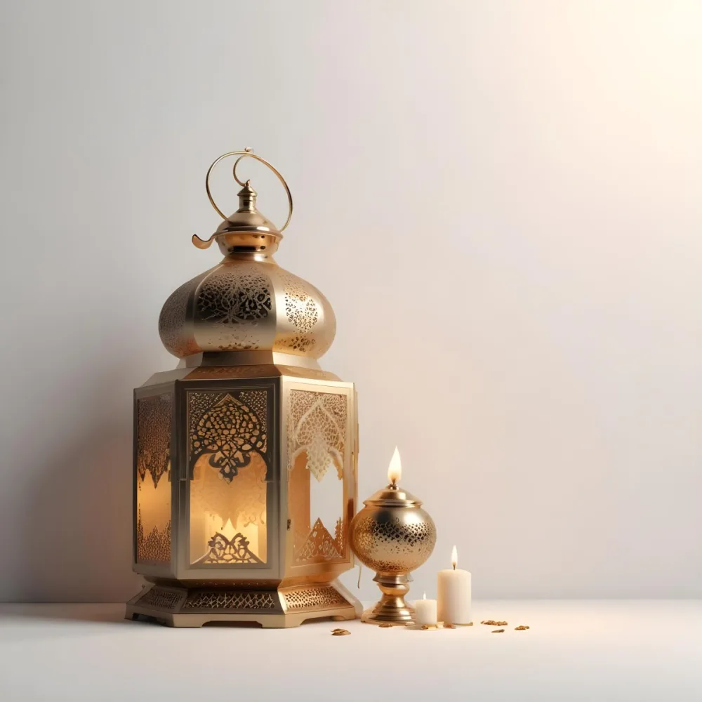 3d Model A Golden Arabic Lantern With Candle Inside A Smaller Lantern And Three Candles On A White Surface Plain White Background Figure Octane Render Volumetric Highly Detailed Videogame Aesthetic 20 3ad4
