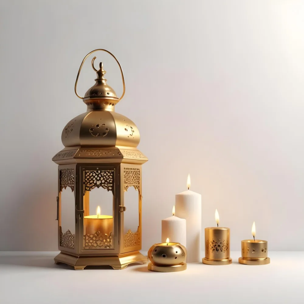 3d Model A Golden Arabic Lantern With Candle Inside A Smaller Lantern And Three Candles On A White Surface Plain White Background Figure Octane Render Volumetric Highly Detailed Videogame Aesthetic 22 8283
