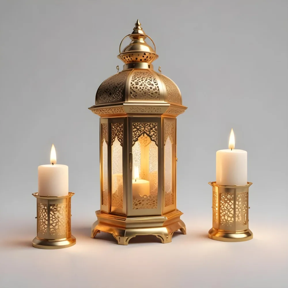 3d Model A Golden Arabic Lantern With Candle Inside A Smaller Lantern And Three Candles On A White Surface Plain White Background Figure Octane Render Volumetric Highly Detailed Videogame Aesthetic 24 337b