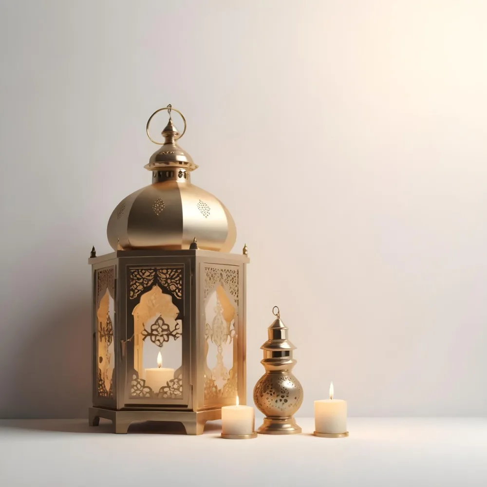 3d Model A Golden Arabic Lantern With Candle Inside A Smaller Lantern And Three Candles On A White Surface Plain White Background Figure Octane Render Volumetric Highly Detailed Videogame Aesthetic 29 3795
