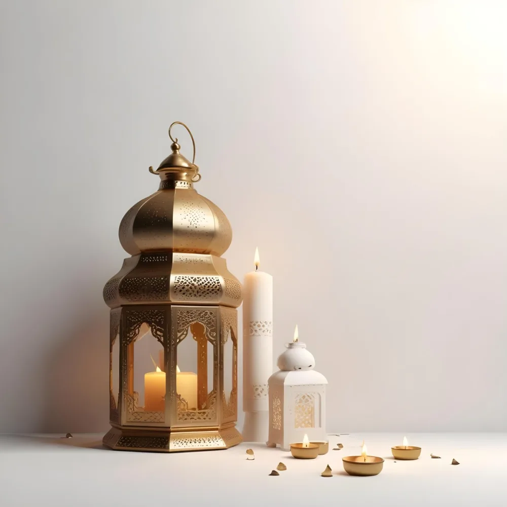 3d Model A Golden Arabic Lantern With Candle Inside A Smaller Lantern And Three Candles On A White Surface Plain White Background Figure Octane Render Volumetric Highly Detailed Videogame Aesthetic 3 10a7