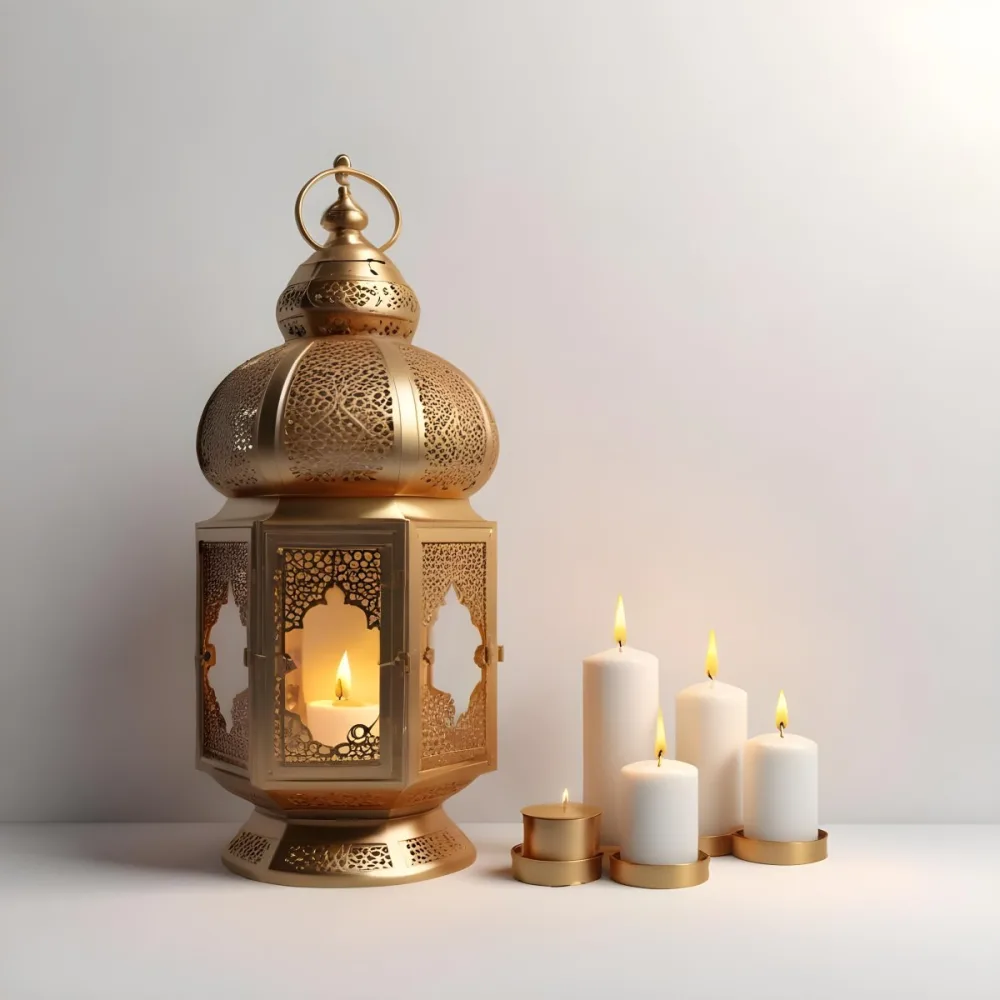 3d Model A Golden Arabic Lantern With Candle Inside A Smaller Lantern And Three Candles On A White Surface Plain White Background Figure Octane Render Volumetric Highly Detailed Videogame Aesthetic 30 Dca6