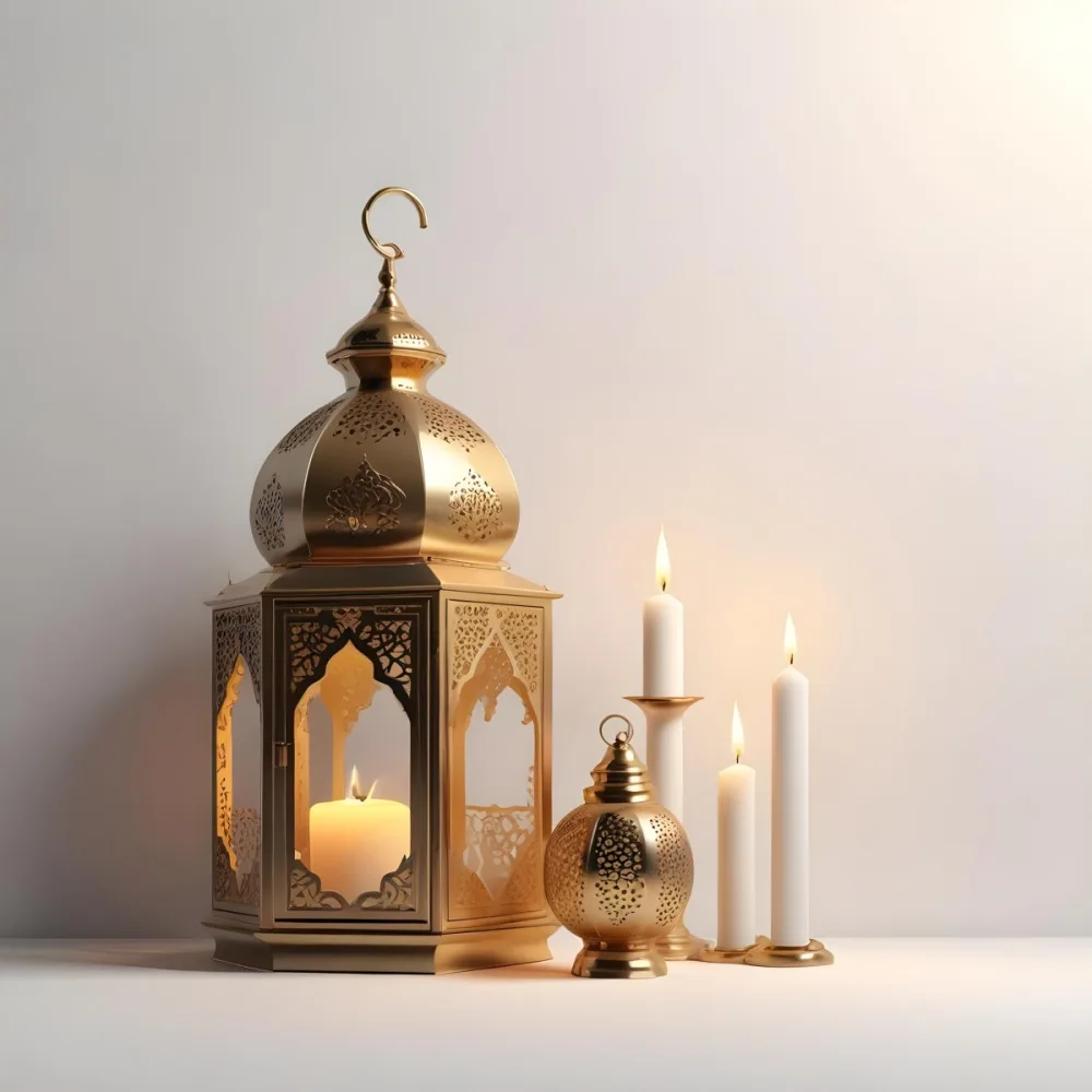 3d Model A Golden Arabic Lantern With Candle Inside A Smaller Lantern And Three Candles On A White Surface Plain White Background Figure Octane Render Volumetric Highly Detailed Videogame Aesthetic 33 5141