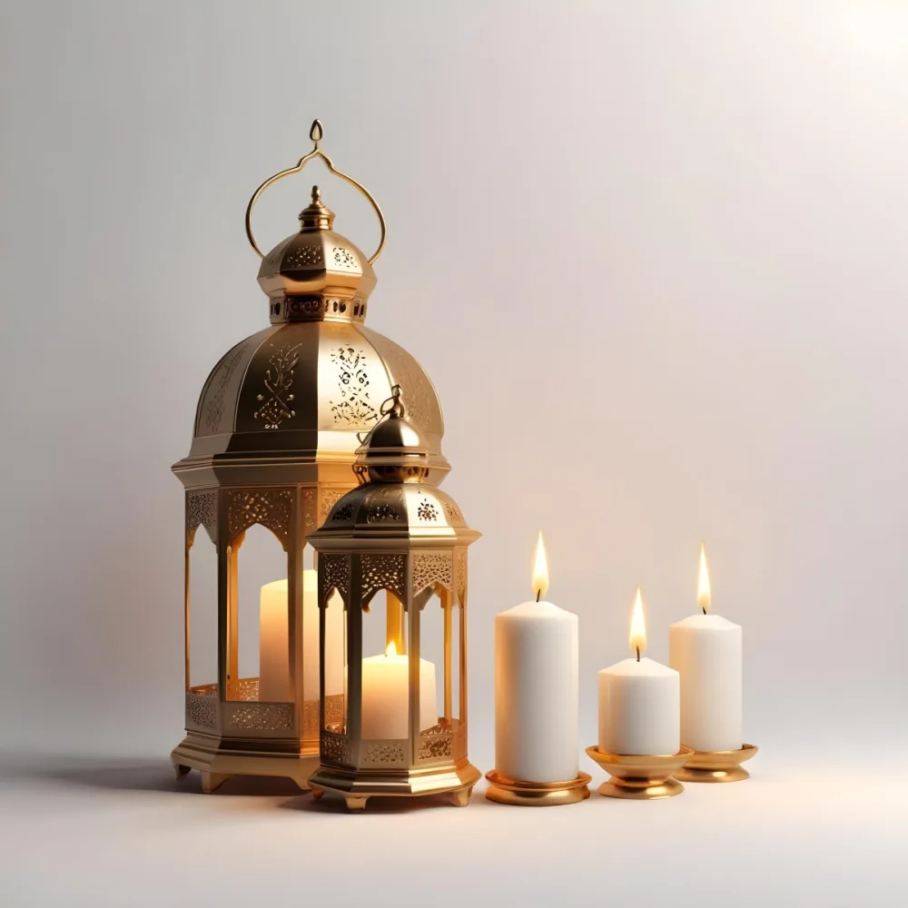3d Model A Golden Arabic Lantern With Candle Inside A Smaller Lantern And Three Candles On A White Surface Plain White Background Figure Octane Render Volumetric Highly Detailed Videogame Aesthetic 4 73bd