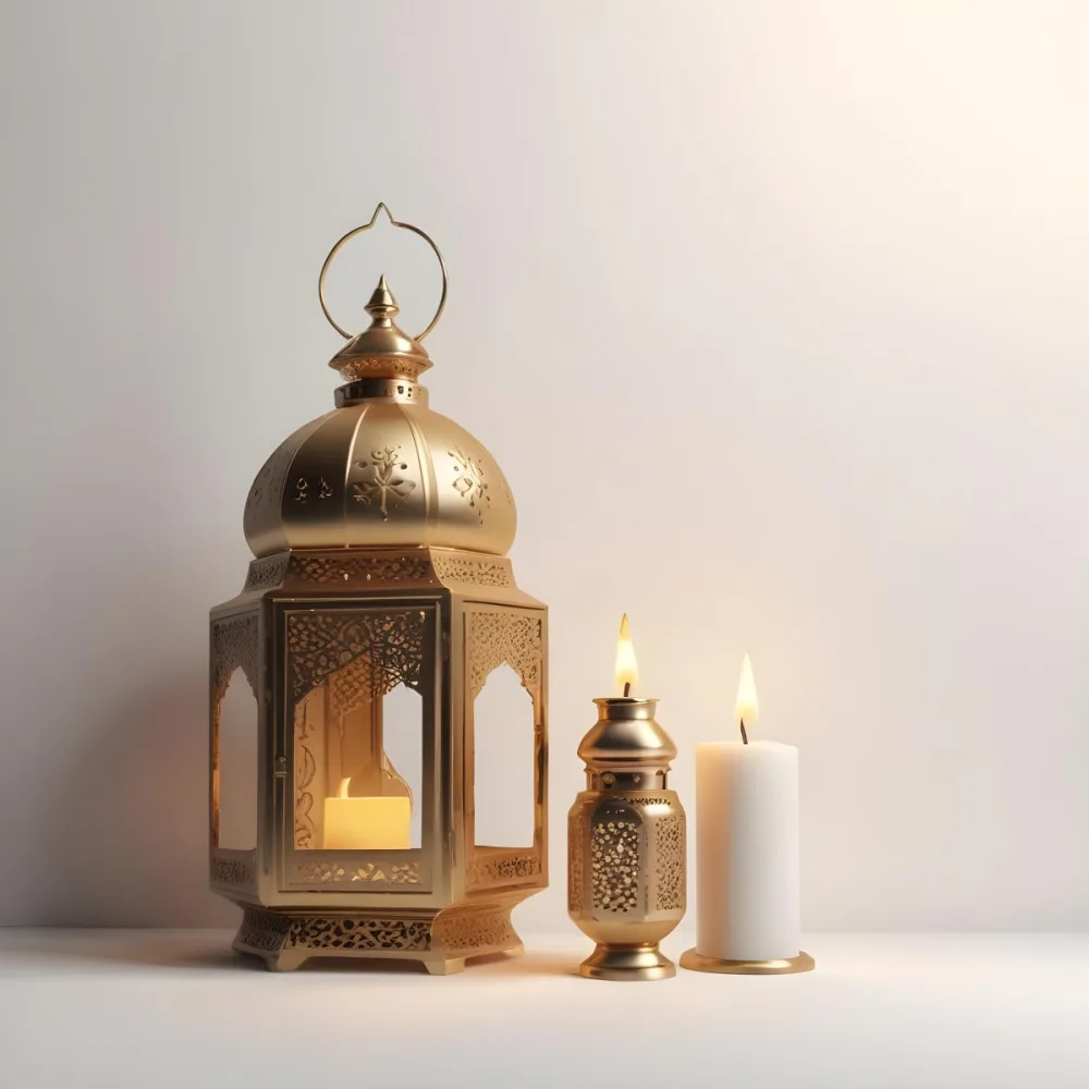 3d Model A Golden Arabic Lantern With Candle Inside A Smaller Lantern And Three Candles On A White Surface Plain White Background Figure Octane Render Volumetric Highly Detailed Videogame Aesthetic 5 0d0f