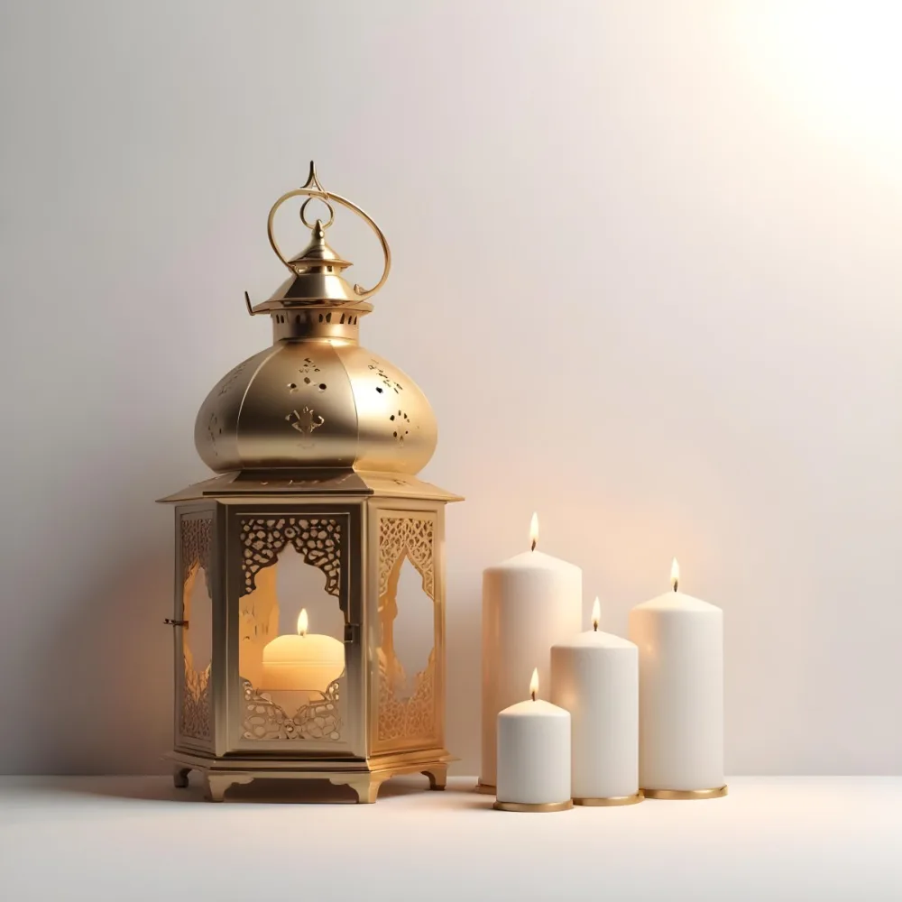 3d Model A Golden Arabic Lantern With Candle Inside A Smaller Lantern And Three Candles On A White Surface Plain White Background Figure Octane Render Volumetric Highly Detailed Videogame Aesthetic 8 A8cd