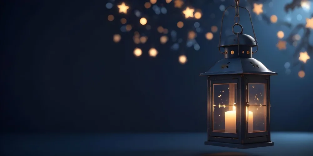 3d Model A Lantern With A Candle Inside Hanging From A Star With Bokeh Lights In A Dark Blue Background Figure Octane Render Volumetric Highly Detailed Videogame Aesthetic 17 B051