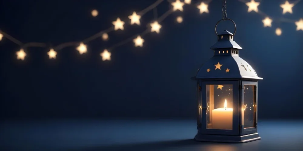 3d Model A Lantern With A Candle Inside Hanging From A Star With Bokeh Lights In A Dark Blue Background Figure Octane Render Volumetric Highly Detailed Videogame Aesthetic 24 90b0