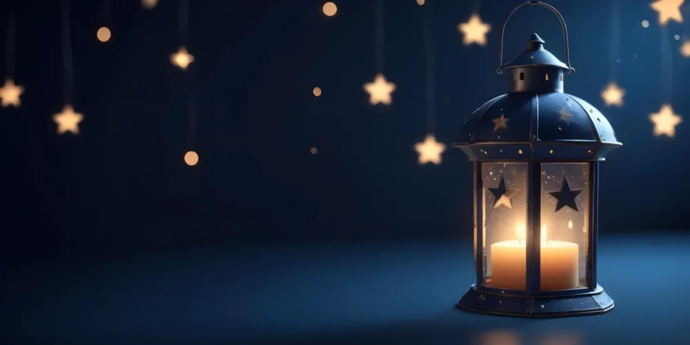 3d Model A Lantern With A Candle Inside Hanging From A Star With Bokeh Lights In A Dark Blue Background Figure Octane Render Volumetric Highly Detailed Videogame Aesthetic 26 0663