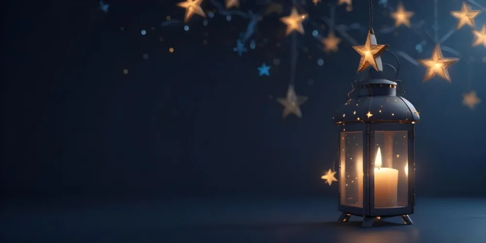 3d Model A Lantern With A Candle Inside Hanging From A Star With Bokeh Lights In A Dark Blue Background Figure Octane Render Volumetric Highly Detailed Videogame Aesthetic 36 A62e