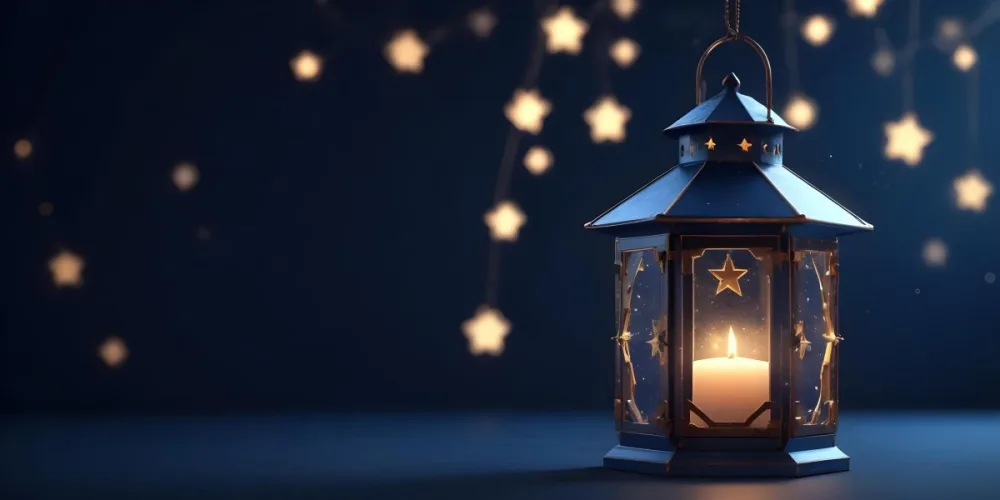 3d Model A Lantern With A Candle Inside Hanging From A Star With Bokeh Lights In A Dark Blue Background Figure Octane Render Volumetric Highly Detailed Videogame Aesthetic 38 D527